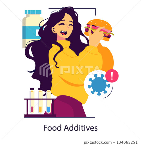 Vector illustration of a woman joyfully holding a burger with food additives symbols like pills and test tubes in the background, highlighting concerns about additives and health. 134065251