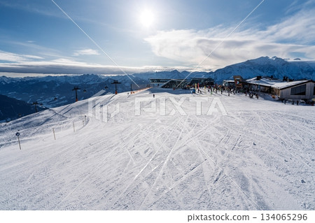 Panoramic Skiing Adventure in Kaprun, Austria Alps Fresh Snow and Winter Landscape Beauty 134065296