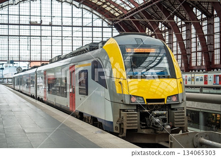 Modern Train at Antwerpen Central Station, Belgium A Transportation Hub in Antwerp, Belgium 134065303