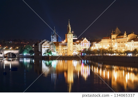 Nighttime Prague Czech Republic Skyline Reflection on Vltava River, Stunning View, Praha at Night 134065337