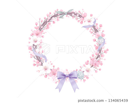 Watercolor floral spring wreath with pink cherry blossoms and Easter eggs 134065439