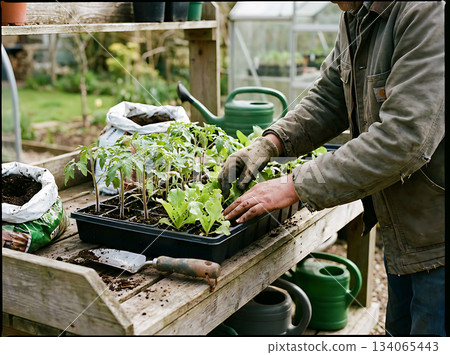 Gardener arranging seedling plants in a tray inside greenhouse in springtime Gardener arranging seedling plants in a tray inside greenhouse in springtime 134065443