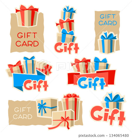 Set of gift cards or coupons. Craft presents gift boxes for celebration, discounts or promotions. 134065480