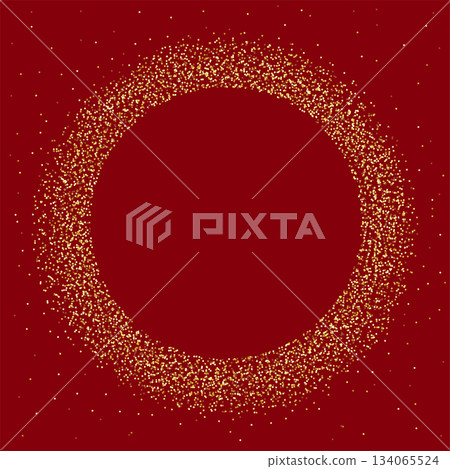 Gold dust circle frame. Splattered golden glitter confetti as a ring, wreath or crown for award bg. Glitz starry sand sprayed in round shape with empty space inside. Overlay vector illustration 134065524
