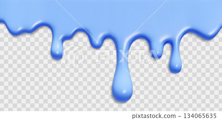 Dripping ice cream glaze with melting blue frosting on transparent background. 3D realistic liquid candy drip texture with creamy flow pattern. Sweet dessert sauce splash for cake decoration. 134065635