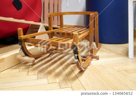 Country style wooden sled with warm colors, Decorative wooden sled inspired by rustic countryside themes 134065652