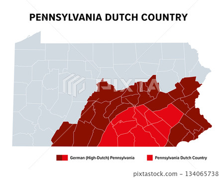 Pennsylvania Dutch Country, political map. The Pennsylvania Dutchland highlighted in red, and the larger region German or High-Dutch Pennsylvania, highlighted in maroon. Isolated illustration. Vector 134065738