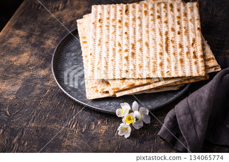 Traditional Jewish bread matzo for Passover 134065774