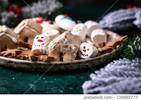 Christmas cookie and snowman marshmallow Christmas cookie and snowman marshmallow 134065777
