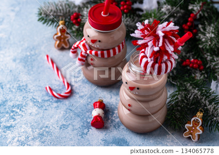 Hot chocolate or cocoa in shape of snowman Hot chocolate or cocoa in shape of snowman 134065778