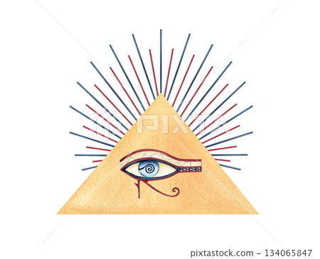 Egyptian abstract pyramid, eye of Horus and graphic sun rays. Ancient god, religion icon, symbol. Watercolor isolated illustration. African sacred culture concept clip art. Flows of spiritual energy Egyptian abstract pyramid, eye of Horus and graphic sun rays. Ancient god, religion icon, symbol. Watercolor isolated illustration. African sacred culture concept clip art. Flows of spiritual energy 134065847