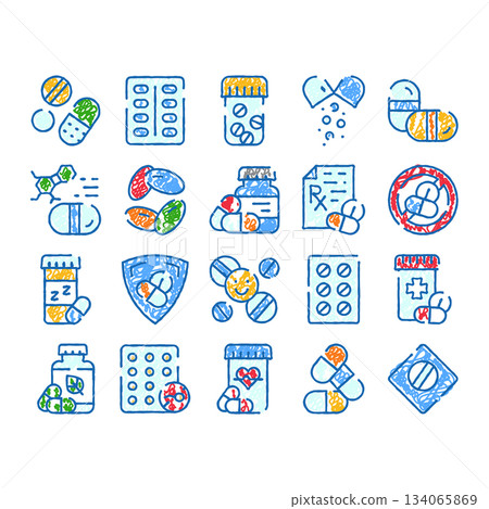 Medicine pills and healthcare medication doodle icons 134065869