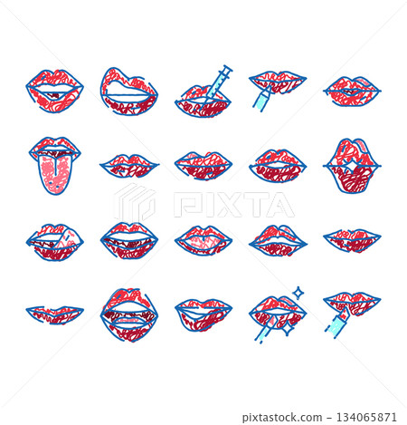 Lips expression, beauty, makeup and cosmetic procedures doodle icons 134065871