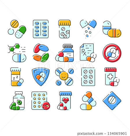 Pills medicine pharmaceutical health care icons collection Pills medicine pharmaceutical health care icons collection 134065901