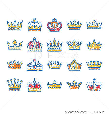 Crown collection doodle drawing icons representing royalty and power Crown collection doodle drawing icons representing royalty and power 134065949