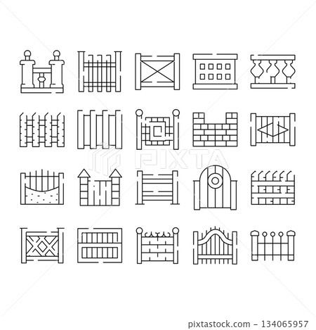 Outline icons set showing various fences and gates 134065957