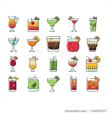 Refreshing drinks and alcoholic cocktails line icon set showcasing beverages Refreshing drinks and alcoholic cocktails line icon set showcasing beverages 134065975