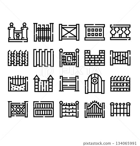 Fences and gates line icons collection representing boundaries Fences and gates line icons collection representing boundaries 134065991