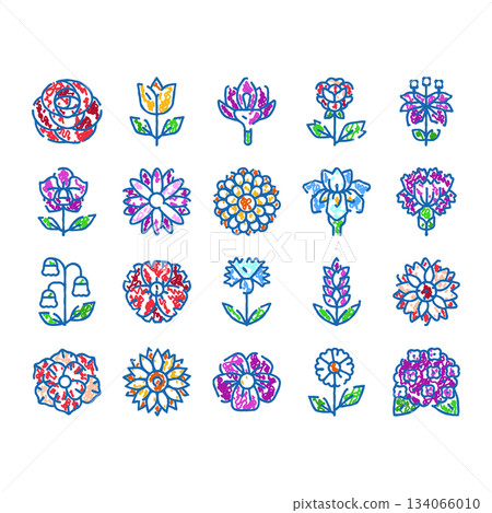 Colorful doodle flowers representing nature and botanical elements 134066010
