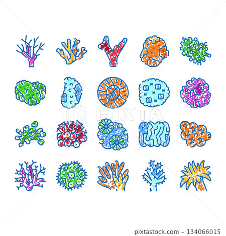 Colorful marine coral reef life doodle icon set Colorful marine coral reef life doodle icon set 134066015