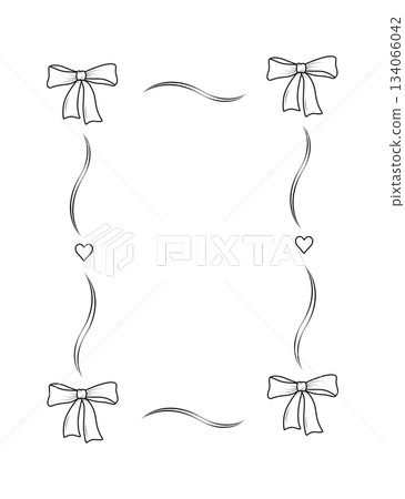 Vintage frame with a bow and a ribbon border. Coquette decorative ornament hand drawn. Vector illustration on isolated white background. 134066042