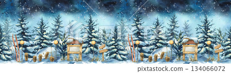 Watercolor illustration of a snowy winter forest with pine trees, skis, lantern, and blank signs. Nature recreation Christmas design. Seamless border long pattern hand drawn illustration 134066072
