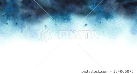 Abstract night sky blue watercolor washes background. Gradient paint stain texture. Artistic winter forest or frosty nature concept for greeting card. Hand drawn seamless border pattern illustration 134066075