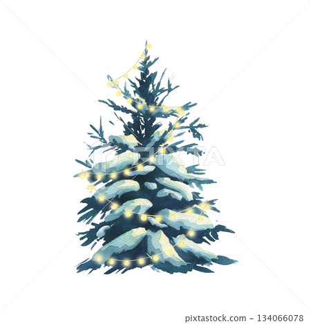 Snowy spruce tree with glowing string lights. Watercolor hand drawn winter nature illustration for Christmas greeting card, holiday poster, New Year party invitation. Snowy spruce tree with glowing string lights. Watercolor hand drawn winter nature illustration for Christmas greeting card, holiday poster, New Year party invitation. 134066078