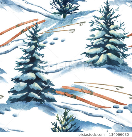 Watercolor seamless pattern with skis and poles in a snowy winter forest with ski tracks in the snow. Winter sport and recreation background for Christmas or holiday design. Hand drawn illustration Watercolor seamless pattern with skis and poles in a snowy winter forest with ski tracks in the snow. Winter sport and recreation background for Christmas or holiday design. Hand drawn illustration 134066080