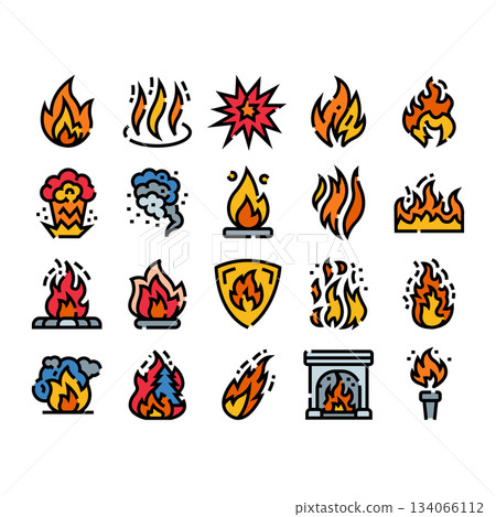 Fire flame explosion and smoke icons collection 134066112