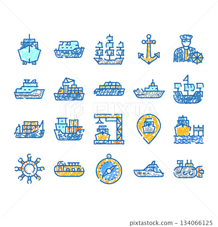 Maritime transport ships and boats doodle icons set 134066125
