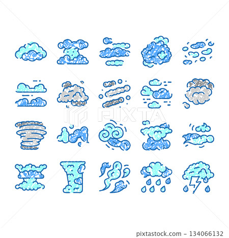 Weather forecast icons showing various cloud types and atmospheric phenomena 134066132