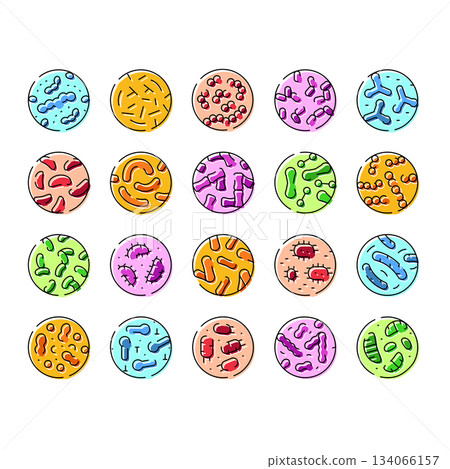 Different bacteria and microbe types flat line icons 134066157