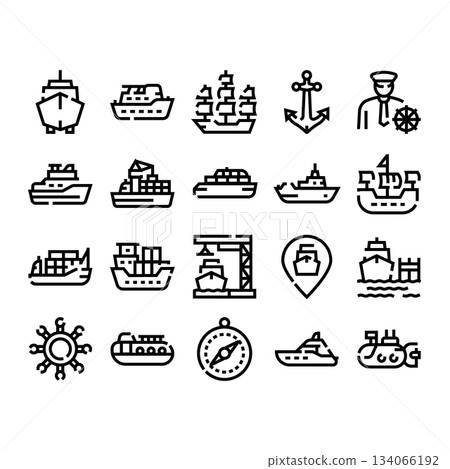 Ships transport and maritime navigation line icons 134066192