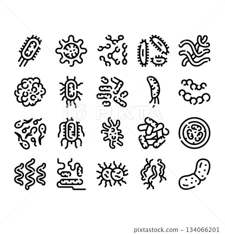 Microorganisms bacteria virus germ line art icons set Microorganisms bacteria virus germ line art icons set 134066201