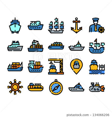 Shipping vessels and maritime transport line icons 134066206