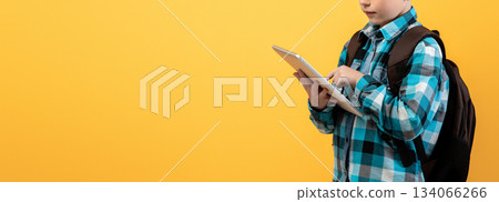 Ginger kid schooler using digital tablet for education, doing homework on yellow studio background, copy space. Smiling redhead boy with backpack holding pad, websurfing or using new application Ginger kid schooler using digital tablet for education, doing homework on yellow studio background, copy space. Smiling redhead boy with backpack holding pad, websurfing or using new application 134066266