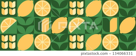 Geometric Flat Lemon and Leaf Tile Design. Bauhaus vegetable abstract minimalist fruit pattern. Shapes of natural organic flower plants, eco-agriculture citrus.  134066331