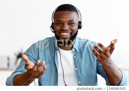 Web Conference. Happy Black Freelancer Guy In Headset Making Video Call Via Laptop, Cheerful African American Man Talking At Device Camera, Enjoying Online Communication, Monitor Screen Shot, Collage 134066341