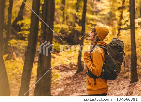 Woman Traveler Hiking with Backpack in Autumn Forest Woman Traveler Hiking with Backpack in Autumn Forest 134066381