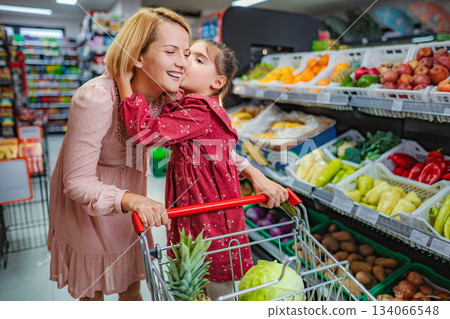 Mother and daughter grocery shopping, child kissing mom Mother and daughter grocery shopping, child kissing mom 134066548