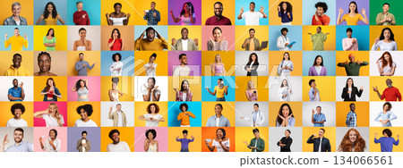 A vibrant collection of portraits featuring a diverse group of people with various expressions and lifestyles. 134066561