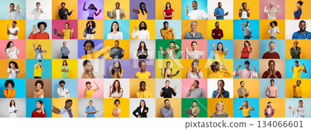 A vibrant collection of portraits showcases diverse people expressing joy and connection against colorful backgrounds. 134066601