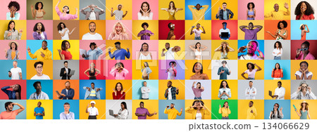 A vibrant collection of diverse individuals showcases various lifestyles and emotions. Each person is isolated against bright backgrounds, highlighting their unique expressions and styles. 134066629