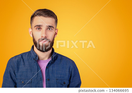 Portrait of charismatic bearded young man in casual clothes looking at camera over orange studio background. Serious millennial guy with attractive face posing, feeling calm and peaceful 134066695