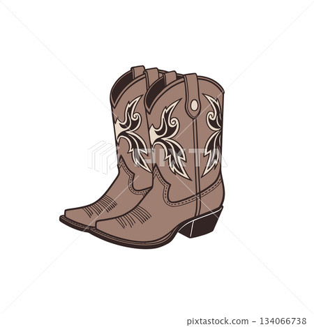 Classic brown cowboy boots with decorative stitching in a western style. Classic brown cowboy boots with decorative stitching in a western style. 134066738