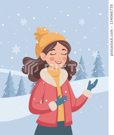 Happy woman enjoying winter snowfall. Christmas and New Year card illustration. 134066739