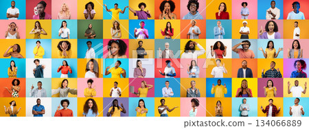 A lively collection of diverse individuals showcasing a range of emotions against colorful backgrounds. Each person represents various cultures and lifestyles as they engage joyfully. A lively collection of diverse individuals showcasing a range of emotions against colorful backgrounds. Each person represents various cultures and lifestyles as they engage joyfully. 134066889
