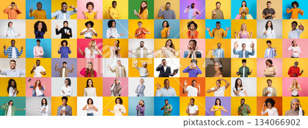 A vibrant collage showcases a diverse group of individuals, each displaying unique facial expressions and gestures against bright, lively backgrounds. The collection highlights unity in diversity. 134066902