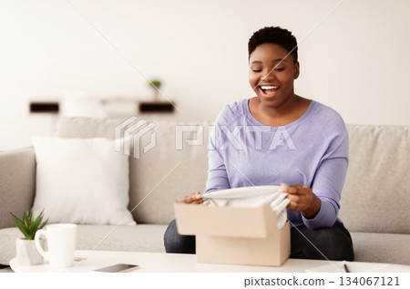 Delivery Concept. Smiling chubby black woman unboxing cardboard package, sitting on the couch in living room at home, free space. Excited lady happy with purchase and clothes shipment Delivery Concept. Smiling chubby black woman unboxing cardboard package, sitting on the couch in living room at home, free space. Excited lady happy with purchase and clothes shipment 134067121